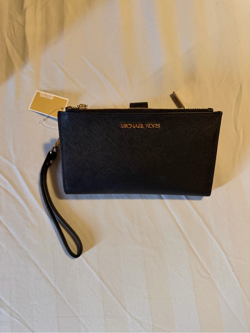 Michael Kors Black Saffiano Leather Wristlet Clutch with Gold Logo- NWT